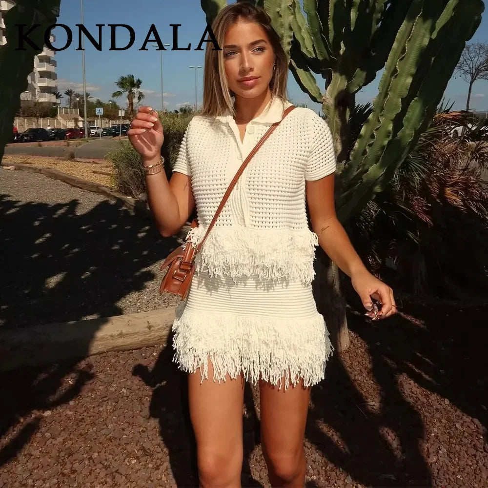 KONDALA 2025 Fall Winter Elegant Knitted Tassel Solid Women Suit Chic Turndown Collar Hollow Out Shirt Elastic Wasit Mini Skirt
