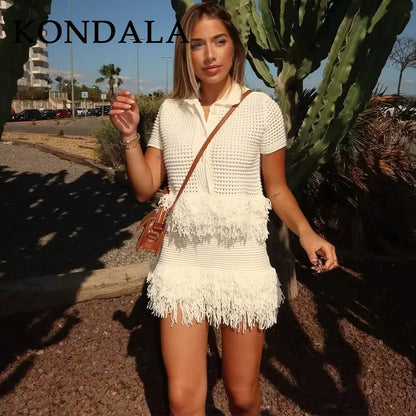 KONDALA 2025 Fall Winter Elegant Knitted Tassel Solid Women Suit Chic Turndown Collar Hollow Out Shirt Elastic Wasit Mini Skirt