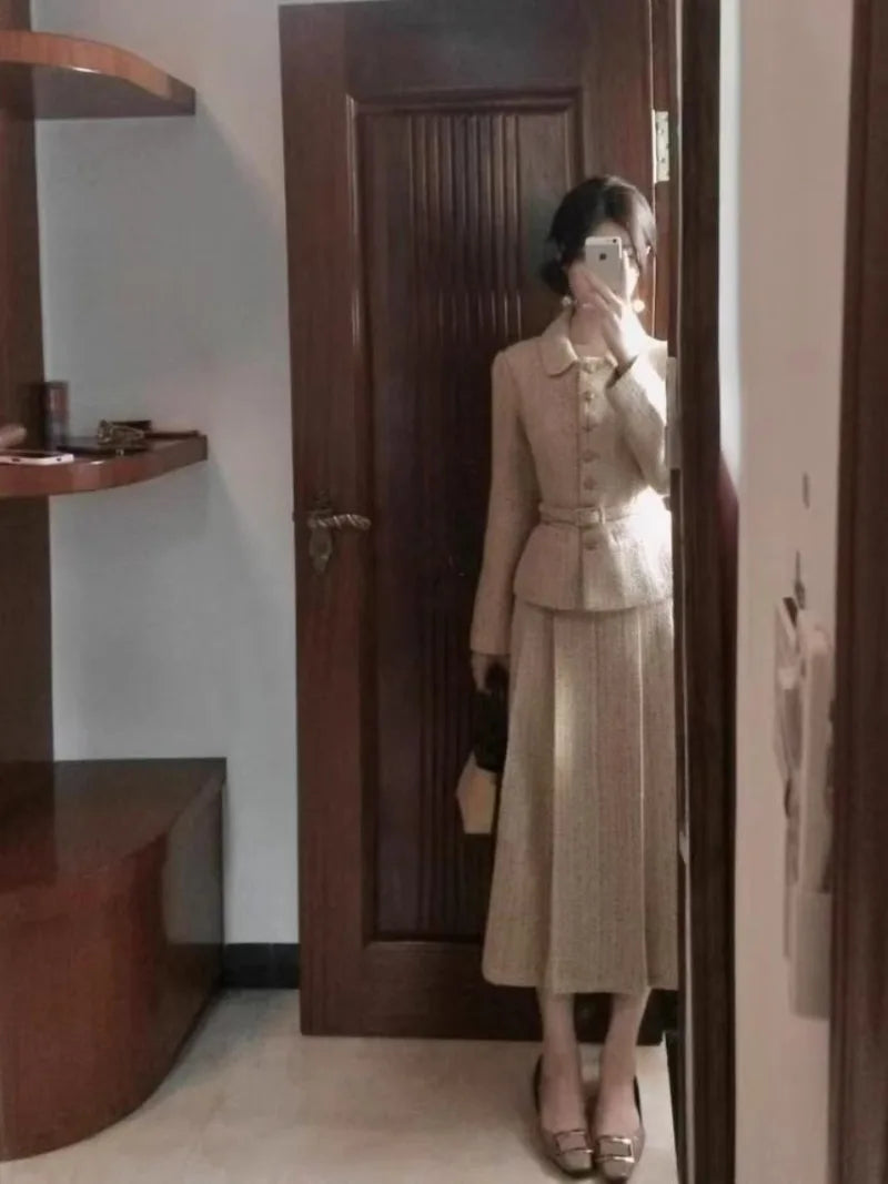Korean Version of Retro British Style Maillard Khaki Gold Style Waist Jacket High Waist Medium and Long Skirt Suit For Women