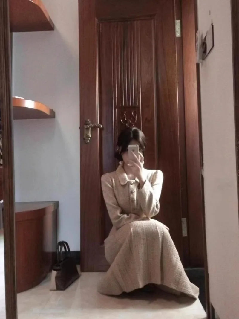 Korean Version of Retro British Style Maillard Khaki Gold Style Waist Jacket High Waist Medium and Long Skirt Suit For Women