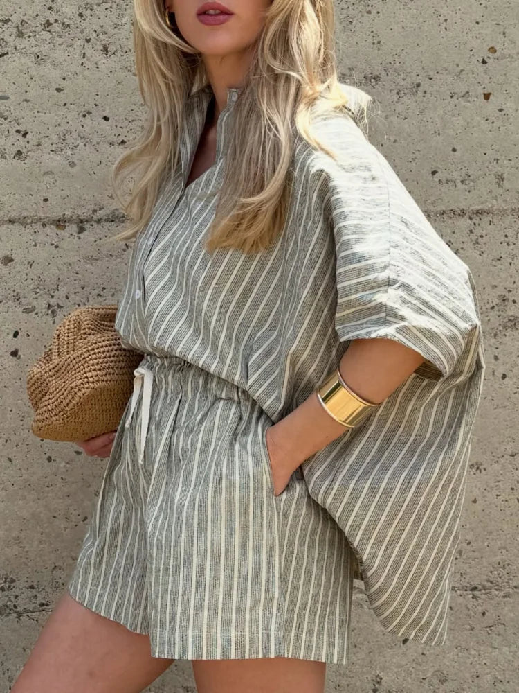 Elegant Stripe Summer Shirt & Shorts Set for Women