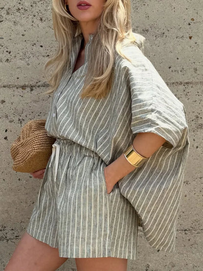 Elegant Stripe Summer Shirt & Shorts Set for Women