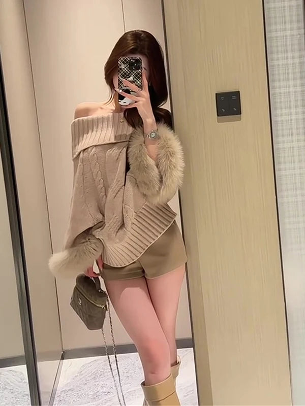 oulder-Baring Long Sve Cloak Sweater Women Loose Slimming High-End Spicy Girl Autumn Faion Pure Desire Thousand Gold Wind