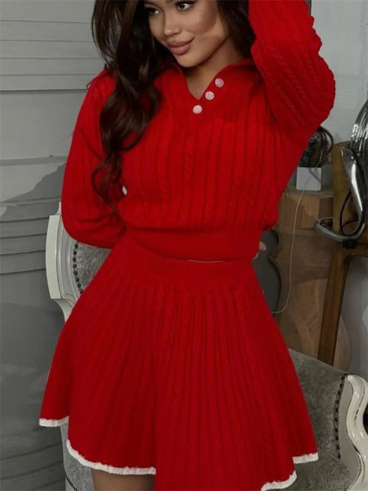 Tossy Autumn Fashion 2 Piece-Set Skirt Women's Patchwork Contrast Long Sleeve Lapel Pullover And High Waist Mini Skirt Outfits