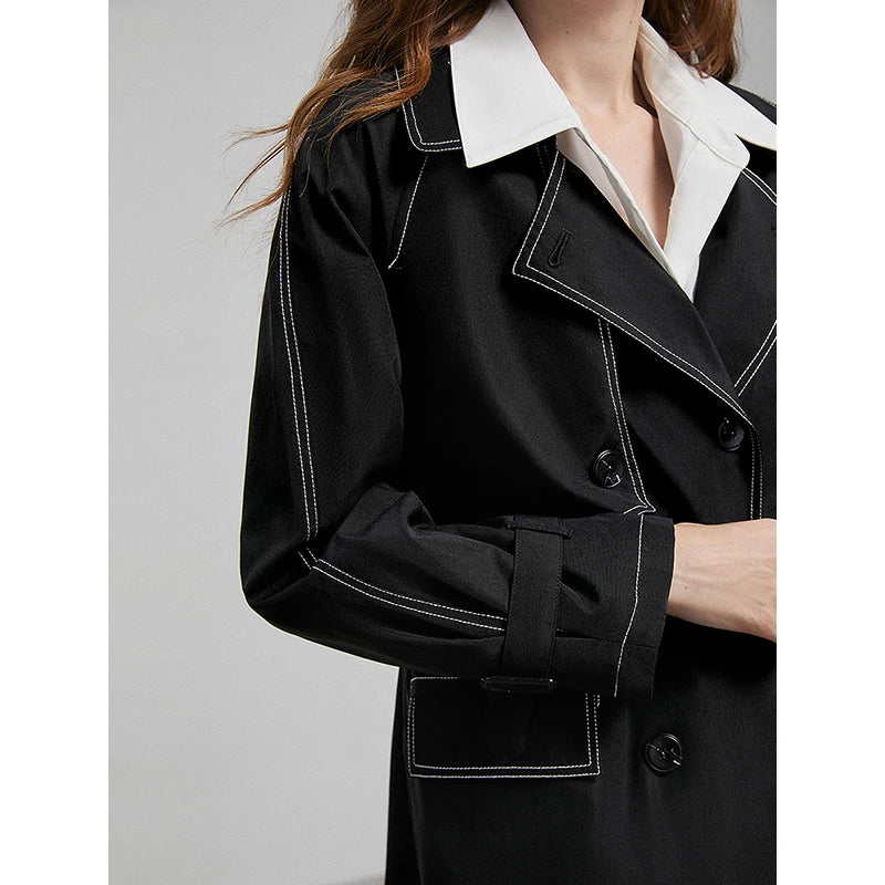 TOYOUTH Women Windbreaker 2025 Spring New Contrasting Color Lapel Collar Medium Long Workwear Jacket With Waistbelt