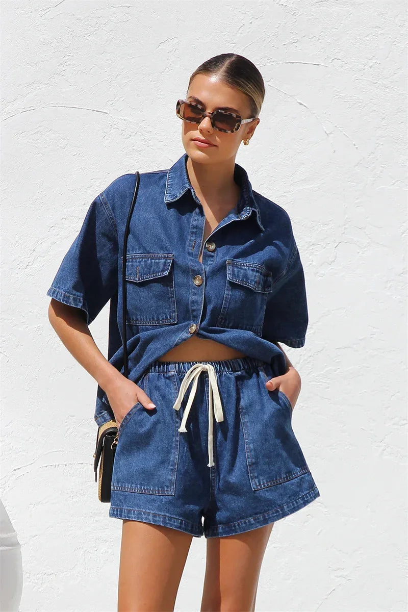2025 Vintage High Street Denim Suits Women Short Sleeve Button Loose Comfortable Shirt Female Two Piece Sets High Waist Shorts