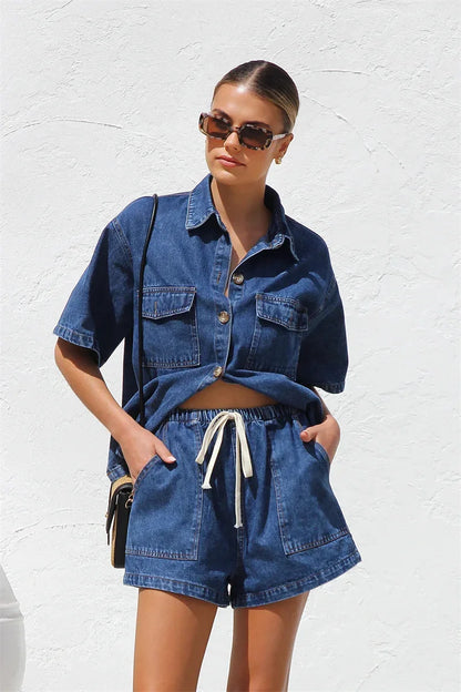 2025 Vintage High Street Denim Suits Women Short Sleeve Button Loose Comfortable Shirt Female Two Piece Sets High Waist Shorts