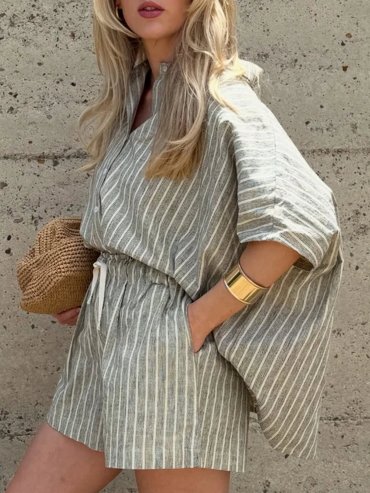 Casual Stripe Print Single Breasted Shirt Sets Womem's Oversized Elastic Waist Shorts Suits 2025 Lady Summer High Street Outfit