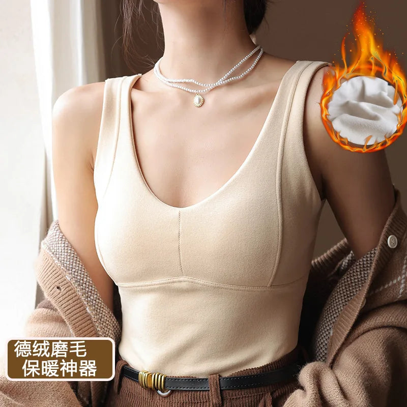 QDouble-Sided Thermal Vest Women with Chest Pads, Integrated Base Layer Autumn and Winter, Thickened Plus Size Top O