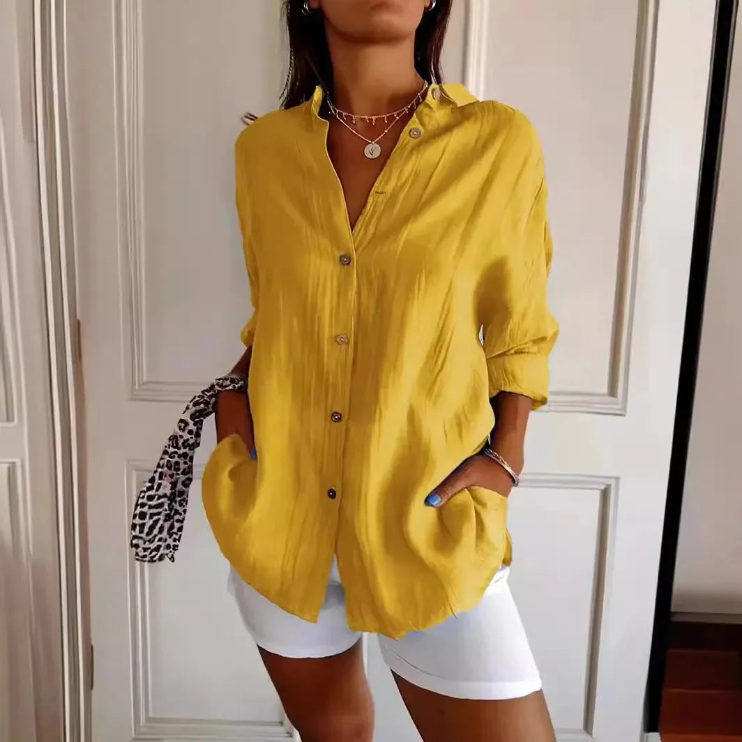 2024 Summer New Women's Lapel Shirt Solid Color Stretchable Sleeves Independent Stand Out Fashion European And American Style