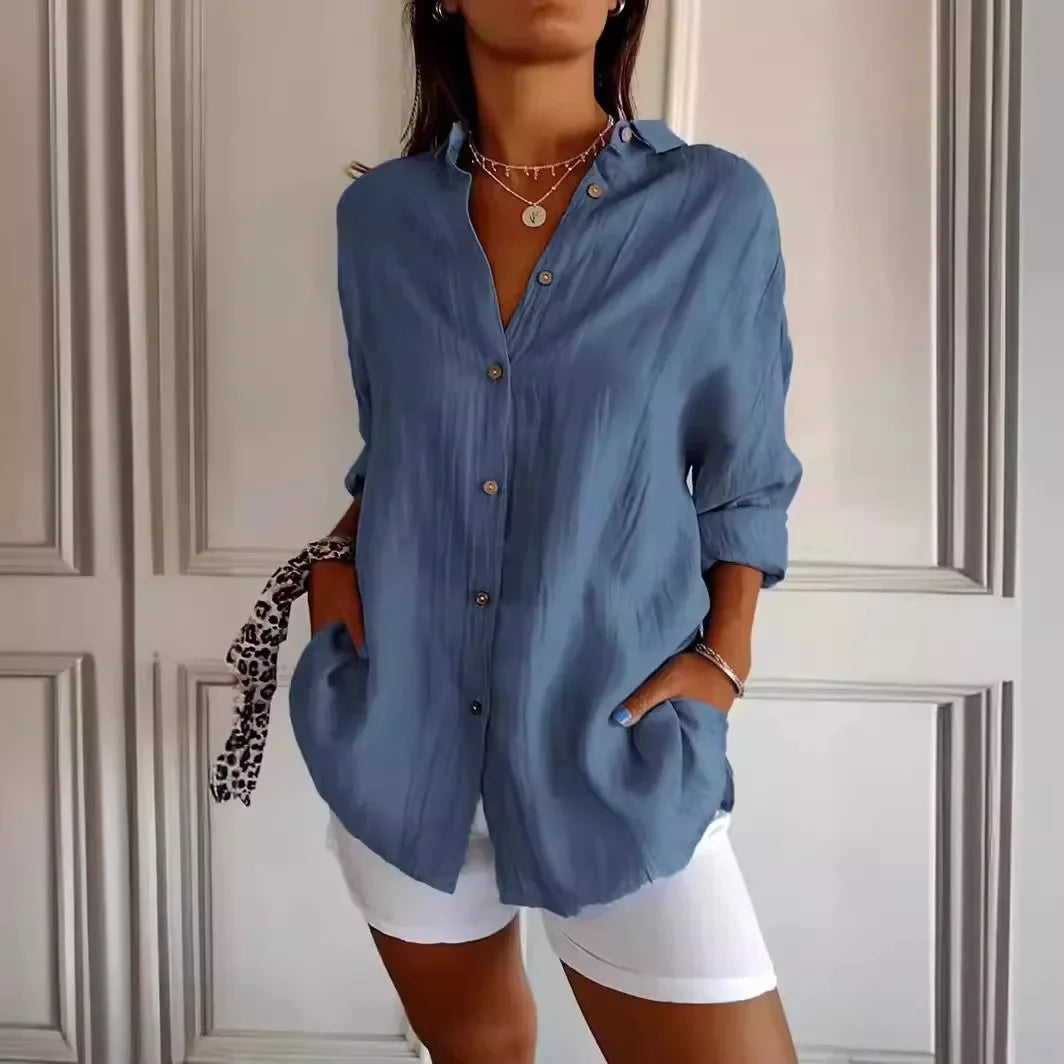 2024 Summer New Women's Lapel Shirt Solid Color Stretchable Sleeves Independent Stand Out Fashion European And American Style