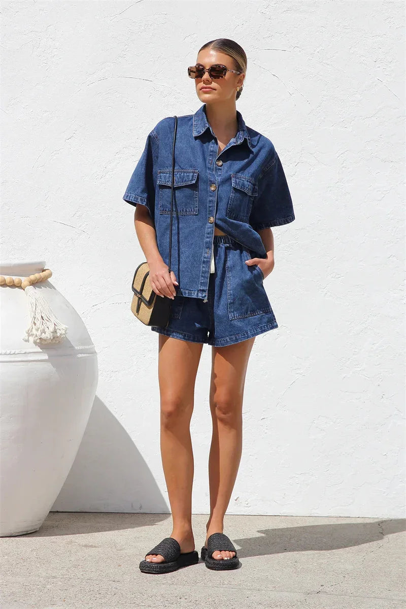 2025 Vintage High Street Denim Suits Women Short Sleeve Button Loose Comfortable Shirt Female Two Piece Sets High Waist Shorts
