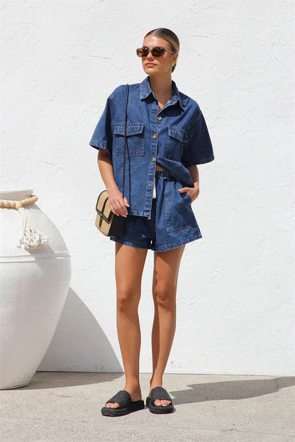 2025 Vintage High Street Denim Suits Women Short Sleeve Button Loose Comfortable Shirt Female Two Piece Sets High Waist Shorts