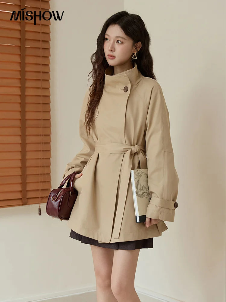 MISHOW Women Stand Up Collar Trench 2025 Autumn Cotton Fashionable Long Sleeve Streetwear Medium Long Trench Coat MXE44W0813