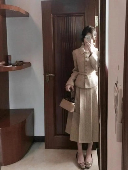 Korean Version of Retro British Style Maillard Khaki Gold Style Waist Jacket High Waist Medium and Long Skirt Suit For Women