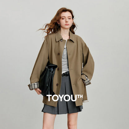 TOYOUTH Women Trench Coat 2025 Autumn New Barn Style Plaid Splicing Long Sleeve Streetwear Mid Length Jacket With Waist Belt