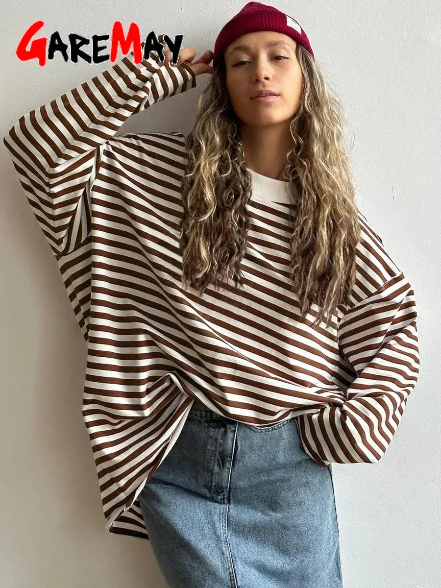 Women's Striped T-shirt 95% Cotton Oversized Black and White Casual Basic Long Sleeve Top Vintage  Casual T-shirts for Women