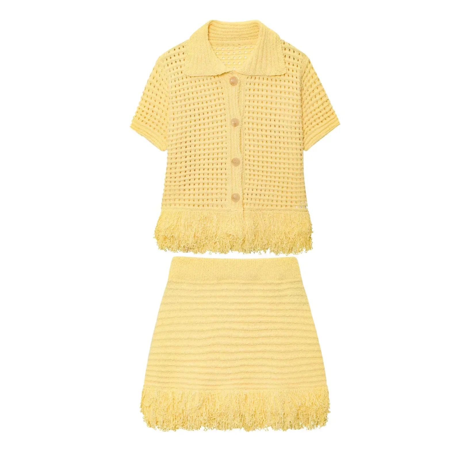 Elegant Knitted Tassel Suit - Chic Turndown Collar