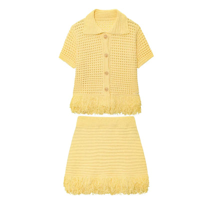 Elegant Knitted Tassel Suit - Chic Turndown Collar