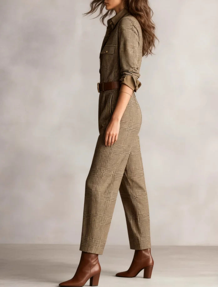 Elegant Button Lapel Shirt Jumpsuits Woman Vintage Plaid Print Pocket Slim Overalls Autumn Long Sleeve Female Clothing Bodysuits