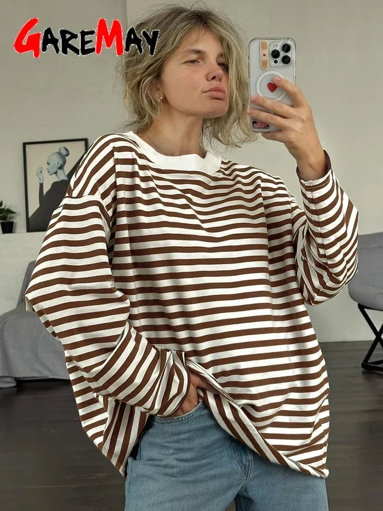 Women's Striped T-shirt 95% Cotton Oversized Black and White Casual Basic Long Sleeve Top Vintage  Casual T-shirts for Women