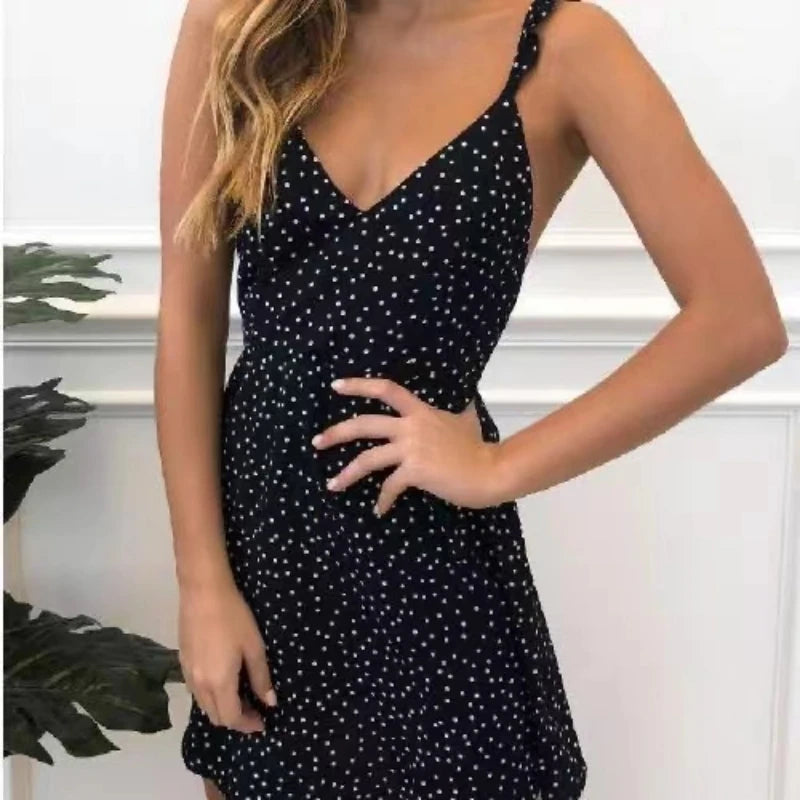 Sexy Summer Sleeveless V-neck Camisole Dress Women Straps Slim Lace-up Polka Dot Mini Sundress Casual Backless A-Line Vestidos