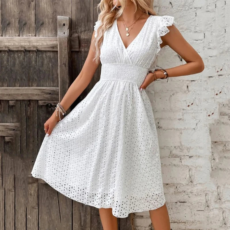 Summer Women V-Neck Beach Dress Flare Sleeve Solid Color Hollow Lace Waist Dress Casual Beach Holiday Dresses