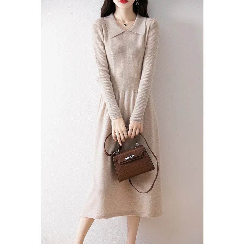 Elegant Women's Wool Polo Collar Dress