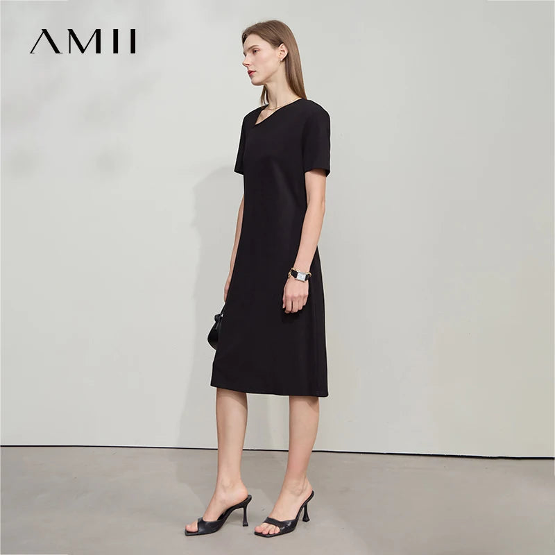 Amii Minimalist Casual Dress Women 2025 Summer New Office Lady Fitted Knit Waist Solid Color Stretch Airy Dresses 12542258