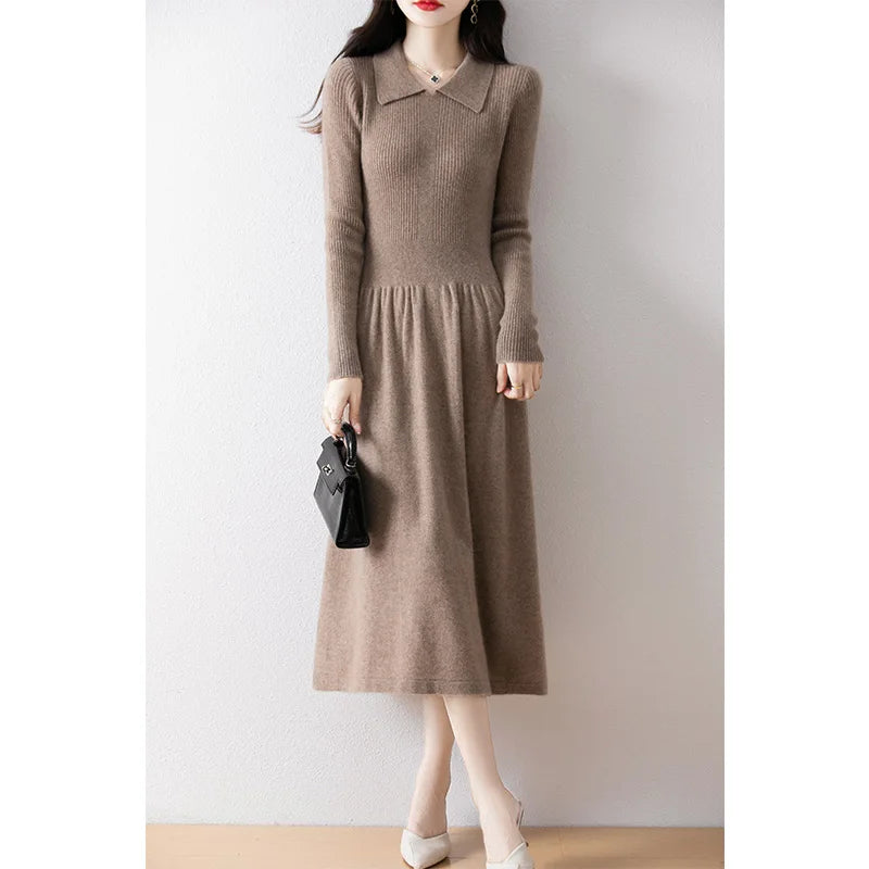 100% pure wool women's long skirt hot sale 2024 winter new fashion cashmere dress women's POLO collar wool clothing