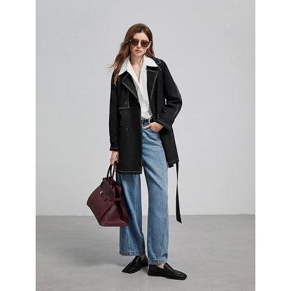 TOYOUTH Women Windbreaker 2025 Spring New Contrasting Color Lapel Collar Medium Long Workwear Jacket With Waistbelt