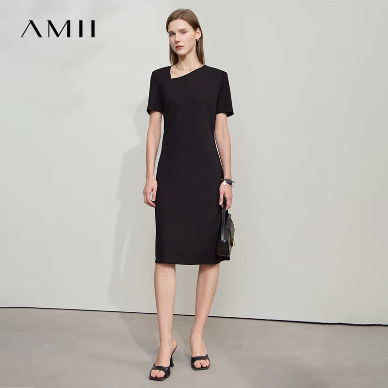 Amii Minimalist Casual Dress Women 2025 Summer New Office Lady Fitted Knit Waist Solid Color Stretch Airy Dresses 12542258