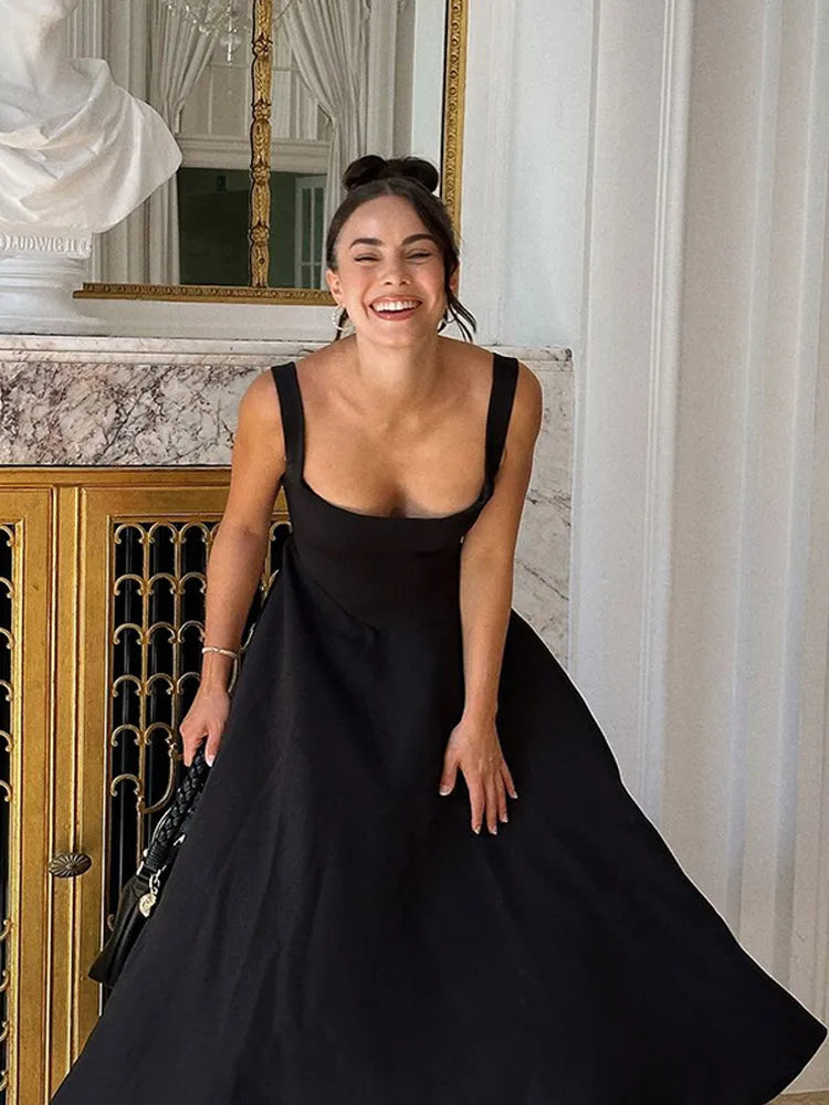 Black A-line Women's Long Dress Elegant Square Neck Pleated Sleeveless Sling Maxi Dresses 2025 Summer Lady Vacation Party Robes