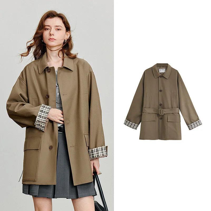 Elegant Plaid Splicing Trench Coat with Belt