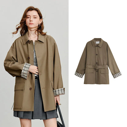 Elegant Plaid Splicing Trench Coat with Belt