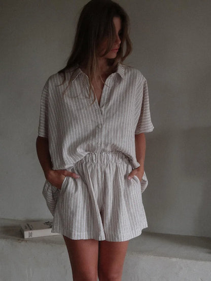 Casual Stripe Print Single Breasted Shirt Sets Womem's Oversized Elastic Waist Shorts Suits 2025 Lady Summer High Street Outfit