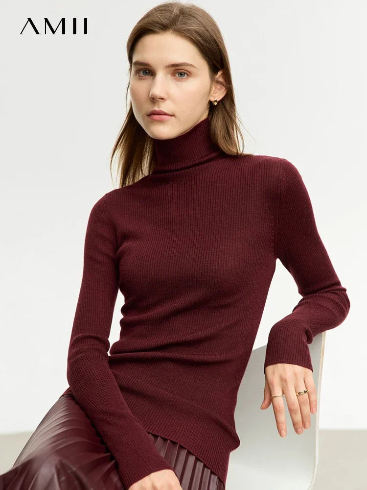 AMII Minimalism Sweater for Women 2023 Winter New Simple Slim Fit High Elastic Turtleneck Warm Solid Pullovers Female 12323075