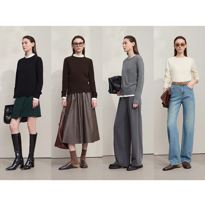 AMII Women's Sweater 100% Wool 2025 Autumn New  Long Sleeve Tops Solid Loose Casual Versatile Sweaters Women's Clothing 12513012