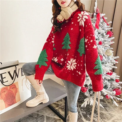 Korean Color-Block Christmas Sweater – Thickened Cozy Winter Top