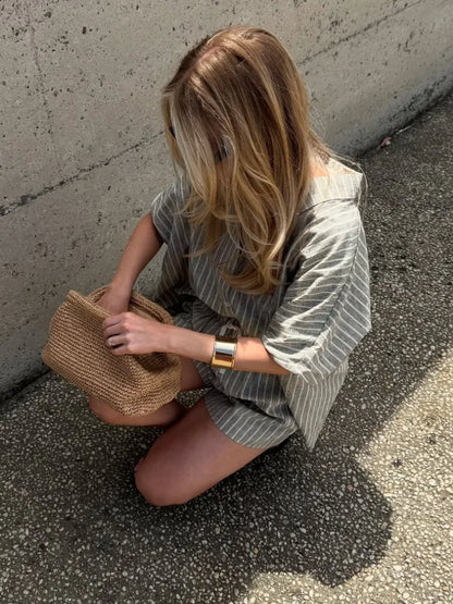 Casual Stripe Print Single Breasted Shirt Sets Womem's Oversized Elastic Waist Shorts Suits 2025 Lady Summer High Street Outfit