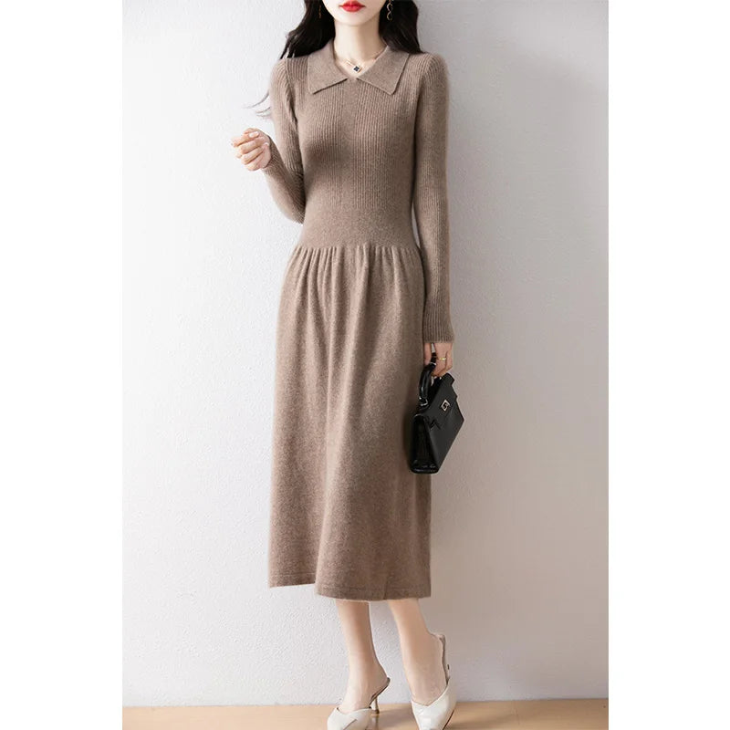 Elegant Women's Wool Polo Collar Dress