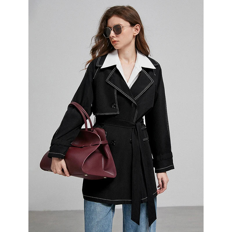 TOYOUTH Women Windbreaker 2025 Spring New Contrasting Color Lapel Collar Medium Long Workwear Jacket With Waistbelt