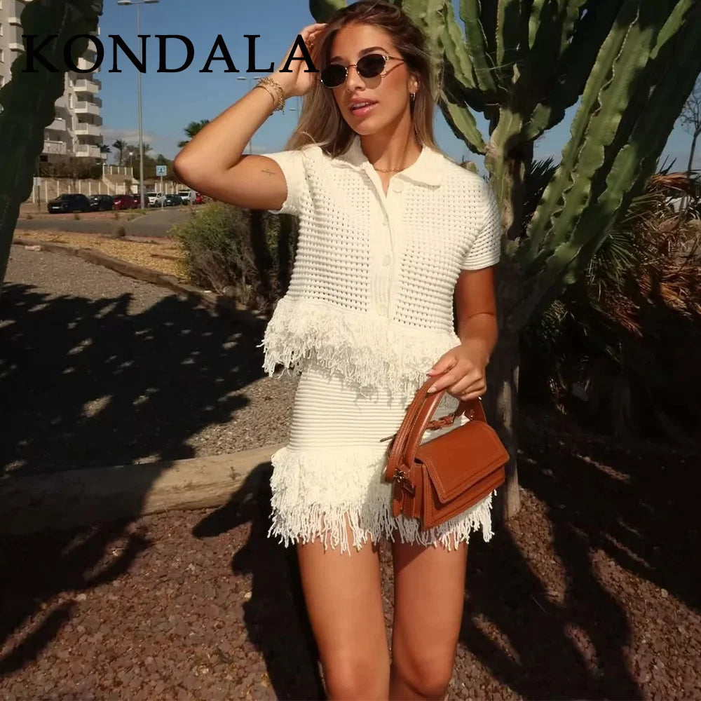 KONDALA 2025 Fall Winter Elegant Knitted Tassel Solid Women Suit Chic Turndown Collar Hollow Out Shirt Elastic Wasit Mini Skirt