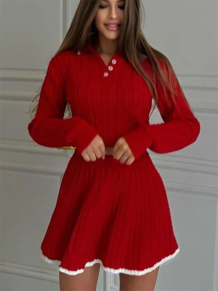 Tossy Autumn Fashion 2 Piece-Set Skirt Women's Patchwork Contrast Long Sleeve Lapel Pullover And High Waist Mini Skirt Outfits