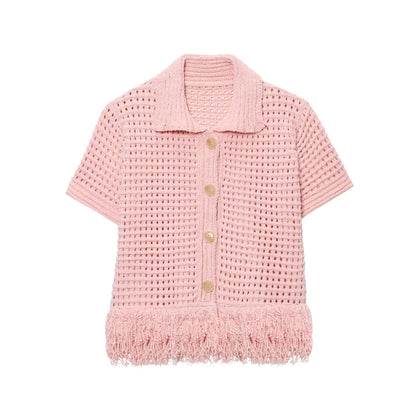 Elegant Knitted Tassel Suit - Chic Turndown Collar