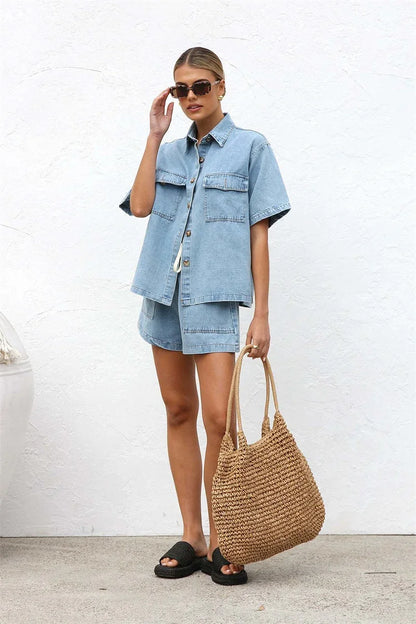2025 Vintage High Street Denim Suits Women Short Sleeve Button Loose Comfortable Shirt Female Two Piece Sets High Waist Shorts