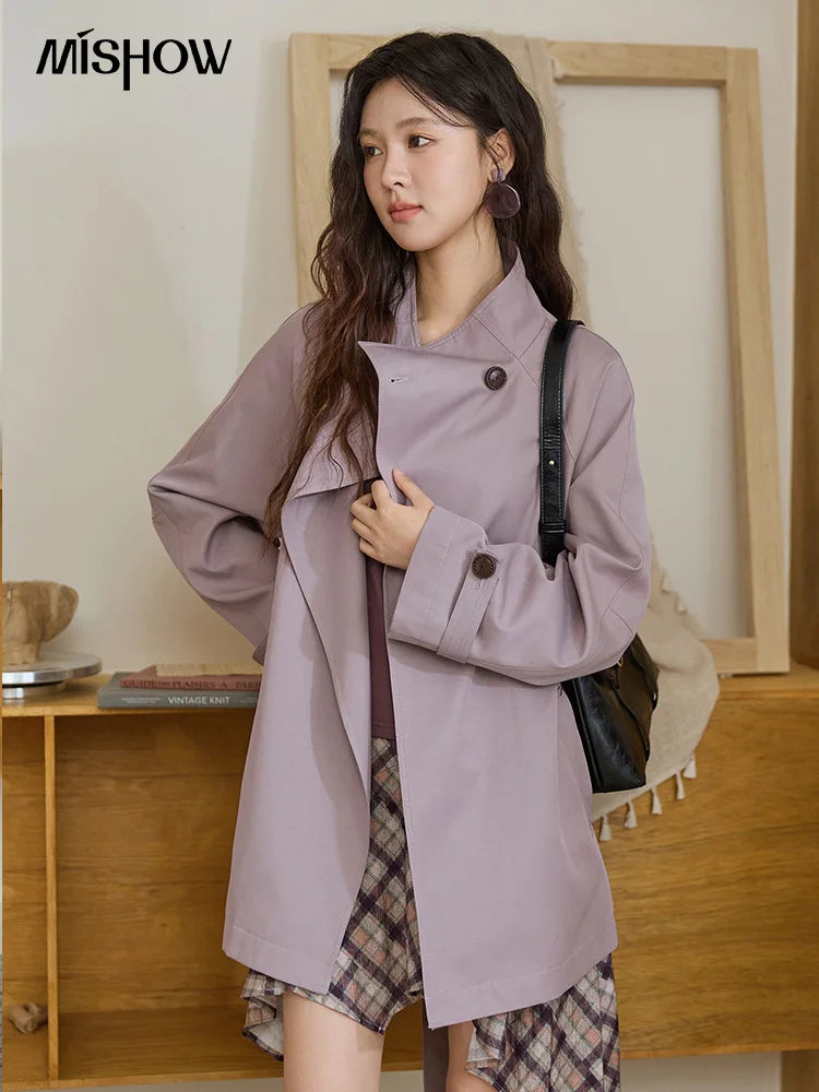 MISHOW Women Stand Up Collar Trench 2025 Autumn Cotton Fashionable Long Sleeve Streetwear Medium Long Trench Coat MXE44W0813