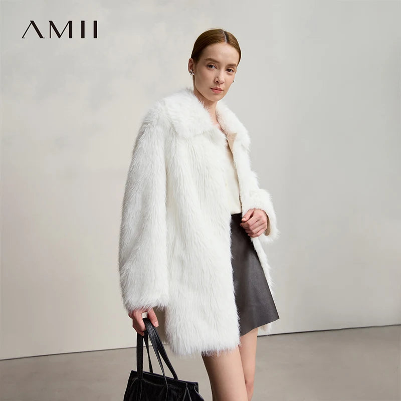 AMII Winter Fur Coat 2025 Autumn New Turn-Down Collar Versatile Coat Woman Long Sleeves Loose Casual Women's Outerwear 12554008