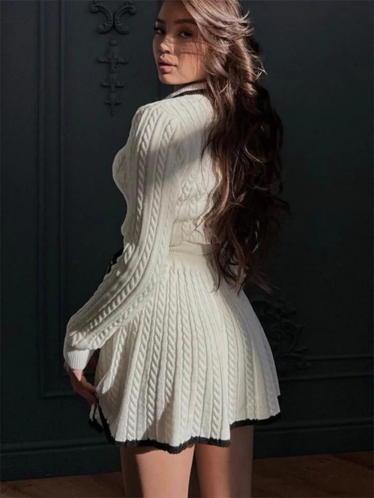 Tossy Autumn Fashion 2 Piece-Set Skirt Women's Patchwork Contrast Long Sleeve Lapel Pullover And High Waist Mini Skirt Outfits