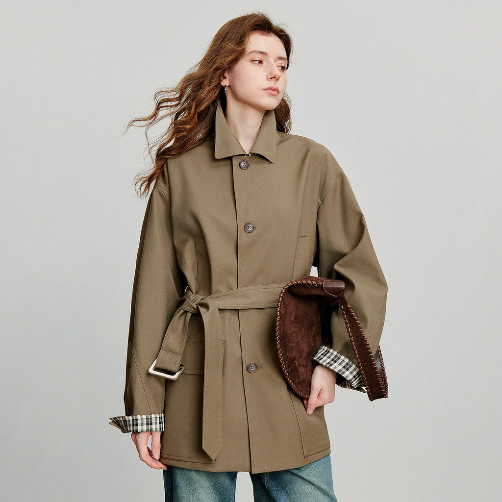 TOYOUTH Women Trench Coat 2025 Autumn New Barn Style Plaid Splicing Long Sleeve Streetwear Mid Length Jacket With Waist Belt